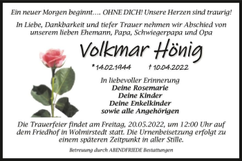 Traueranzeige von Volkmar Hönig  von Magdeburger Volksstimme