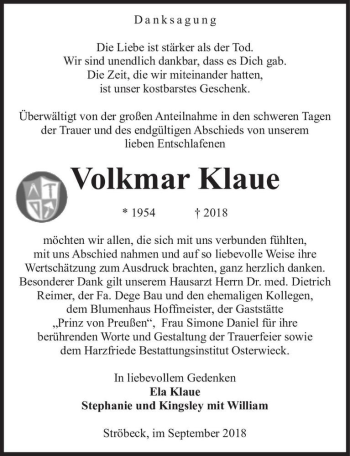 Traueranzeige von Volkmar Klaue  von Magdeburger Volksstimme