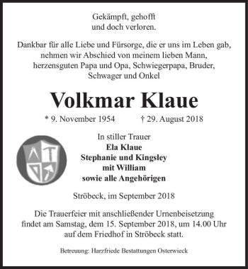 Traueranzeige von Volkmar Klaue  von Magdeburger Volksstimme