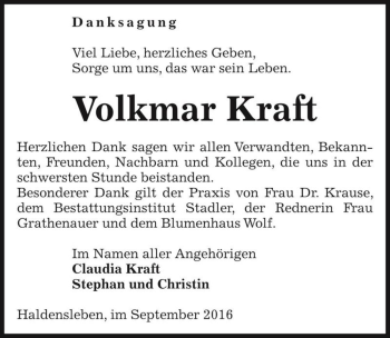 Traueranzeige von Volkmar Kraft  von Magdeburger Volksstimme