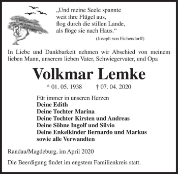 Traueranzeige von Volkmar Lemke  von Magdeburger Volksstimme