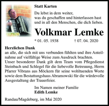 Traueranzeige von Volkmar Lemke  von Magdeburger Volksstimme