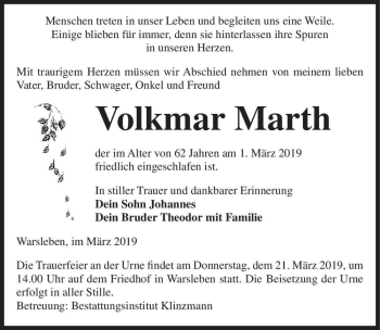 Traueranzeige von Volkmar Marth  von Magdeburger Volksstimme