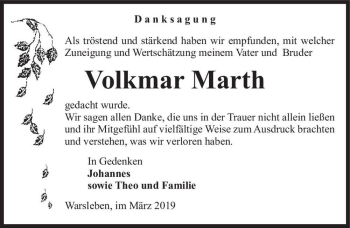 Traueranzeige von Volkmar Marth  von Magdeburger Volksstimme
