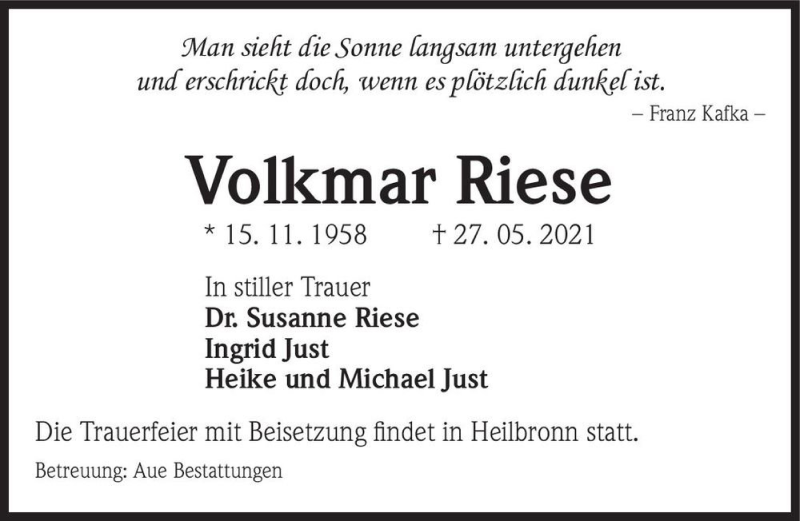  Traueranzeige für Volkmar Riese  vom 05.06.2021 aus Magdeburger Volksstimme