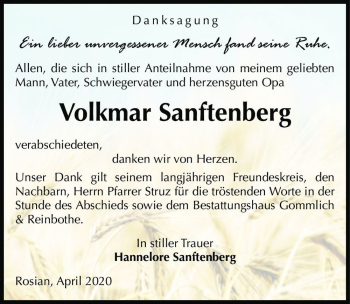 Traueranzeige von Volkmar Sanftenberg  von Magdeburger Volksstimme