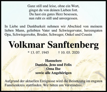 Traueranzeige von Volkmar Sanftenberg  von Magdeburger Volksstimme
