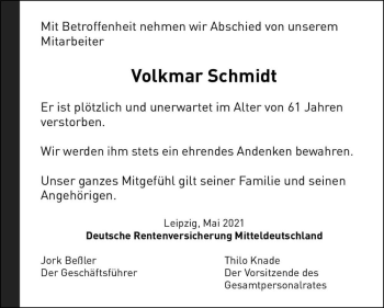 Traueranzeige von Volkmar Schmidt  von Magdeburger Volksstimme