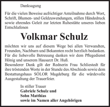 Traueranzeige von Volkmar Schulz  von Magdeburger Volksstimme