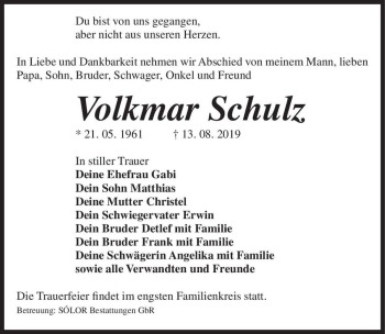 Traueranzeige von Volkmar Schulz  von Magdeburger Volksstimme