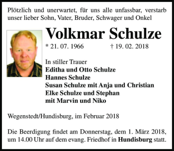 Traueranzeige von Volkmar Schulze  von Magdeburger Volksstimme