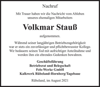 Traueranzeige von Volkmar Stauß  von Magdeburger Volksstimme