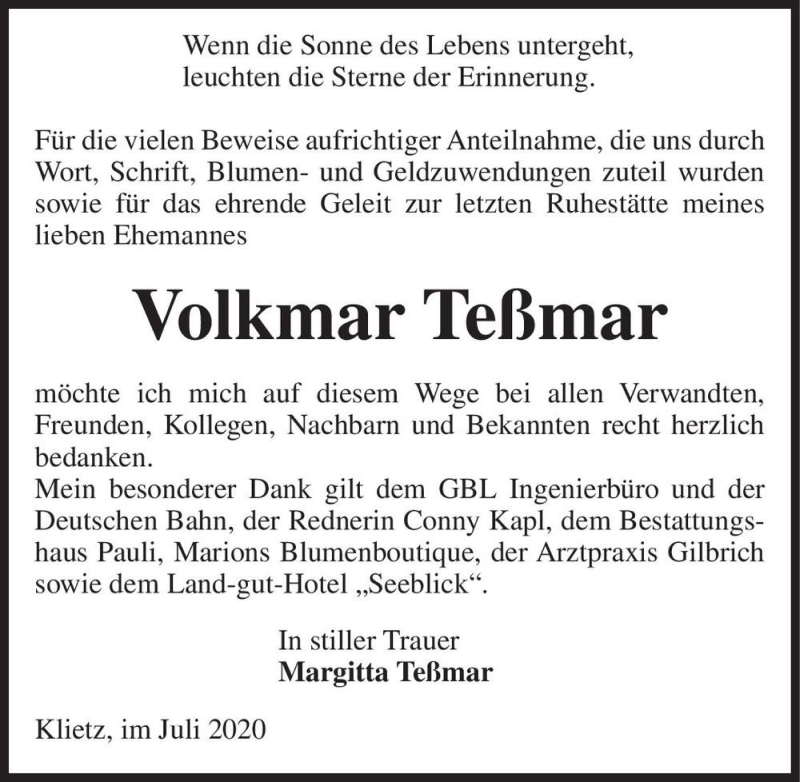  Traueranzeige für Volkmar Teßmar  vom 01.08.2020 aus Magdeburger Volksstimme