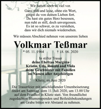 Traueranzeige von Volkmar Teßmar  von Magdeburger Volksstimme