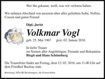 Traueranzeige von Volkmar Vogl  von Magdeburger Volksstimme