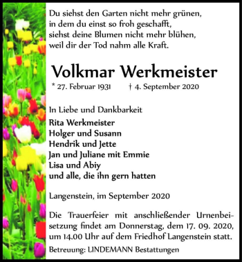 Traueranzeige von Volkmar Werkmeister  von Magdeburger Volksstimme