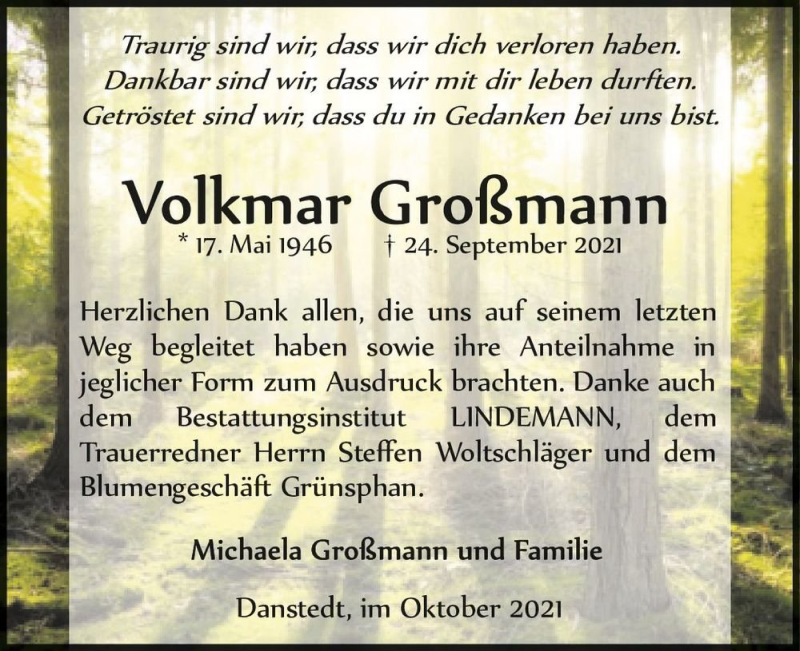  Traueranzeige für Volkmark Großmann  vom 23.10.2021 aus Magdeburger Volksstimme