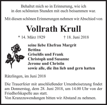 Traueranzeige von Vollrath Krull  von Magdeburger Volksstimme