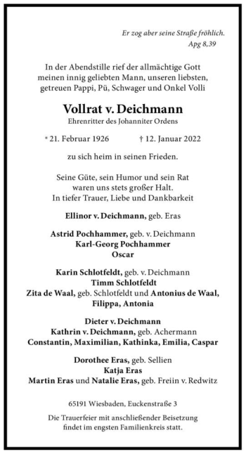 Traueranzeige von Vollrat v. Deichmann  von Magdeburger Volksstimme