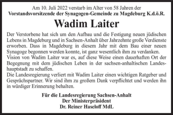 Traueranzeige von Wadim Laiter  von Magdeburger Volksstimme