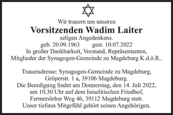 Traueranzeige von Wadim Laiter  von Magdeburger Volksstimme