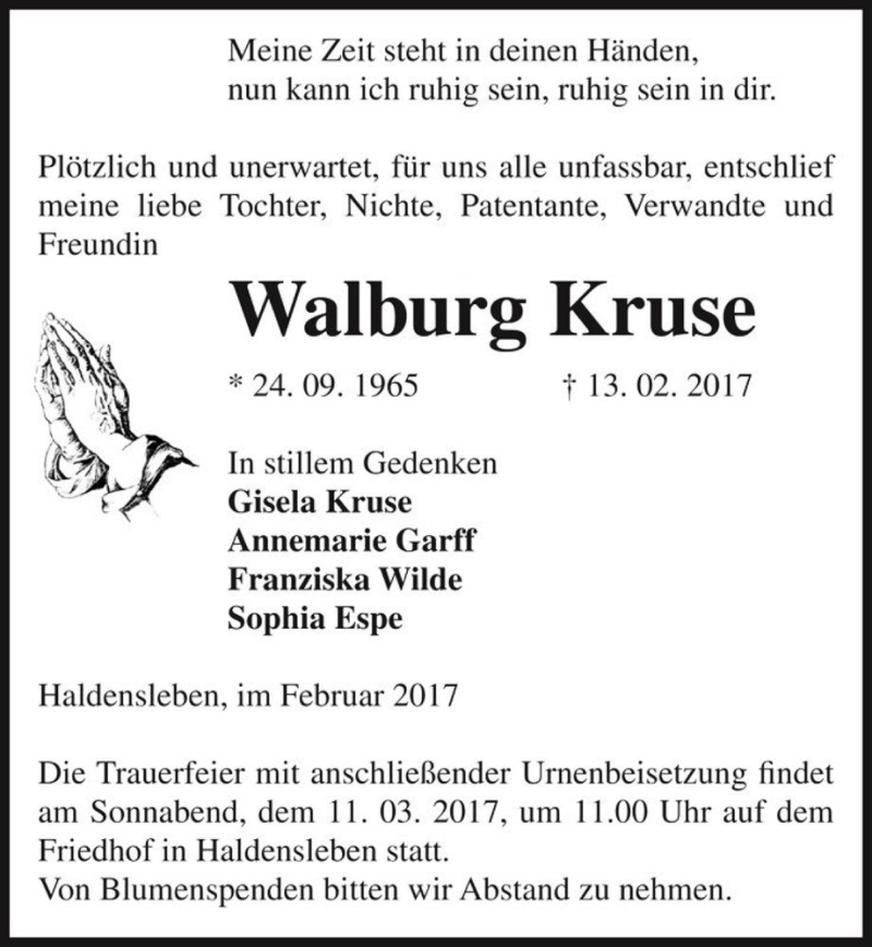  Traueranzeige für Walburg Kruse  vom 25.02.2017 aus Magdeburger Volksstimme
