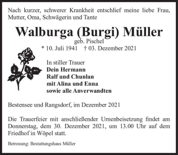 Traueranzeige von Walburga 