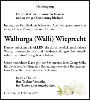 Traueranzeige von Walburga 