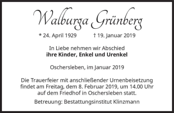 Traueranzeige von Walburga Grünberg  von Magdeburger Volksstimme