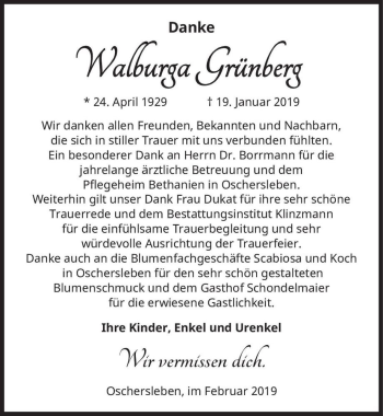 Traueranzeige von Walburga Grünberg  von Magdeburger Volksstimme