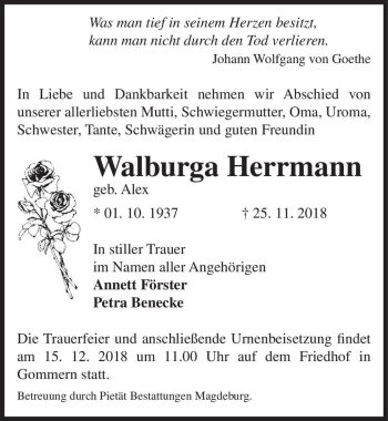 Traueranzeige von Walburga Herrmann (geb. Alex)  von Magdeburger Volksstimme