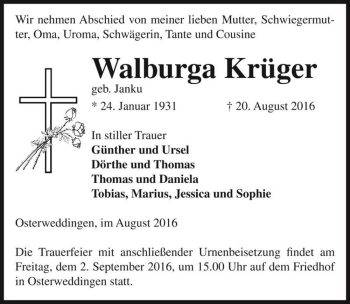 Traueranzeige von Walburga Krüger (geb. Janku)  von Magdeburger Volksstimme