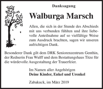 Traueranzeige von Walburga Marsch  von Magdeburger Volksstimme