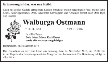 Traueranzeige von Walburga Ostmann  von Magdeburger Volksstimme