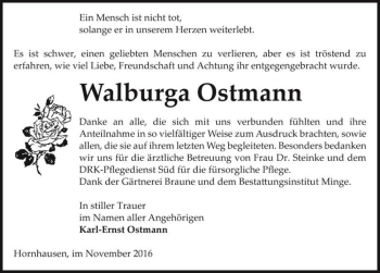 Traueranzeige von Walburga Ostmann  von Magdeburger Volksstimme