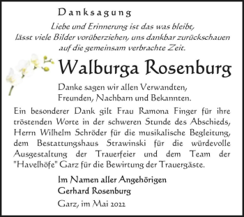 Traueranzeige von Walburga Rosenburg  von Magdeburger Volksstimme