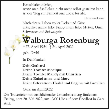 Traueranzeige von Walburga Rosenburg (geb. Grehl)  von Magdeburger Volksstimme
