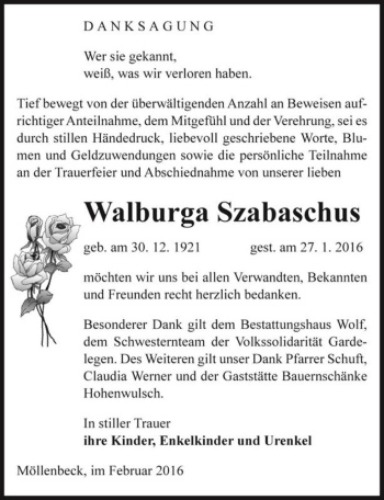 Traueranzeige von Walburga Szabaschus  von Magdeburger Volksstimme