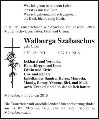 Traueranzeige von Walburga Szabaschus (geb. Groh)  von Magdeburger Volksstimme