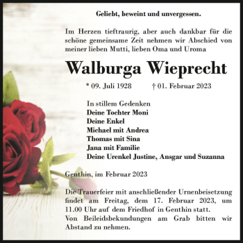 Traueranzeige von Walburga Wieprecht  von Magdeburger Volksstimme
