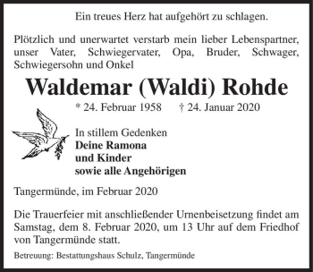 Traueranzeige von Waldemar (Waldi) Rohde  von Magdeburger Volksstimme