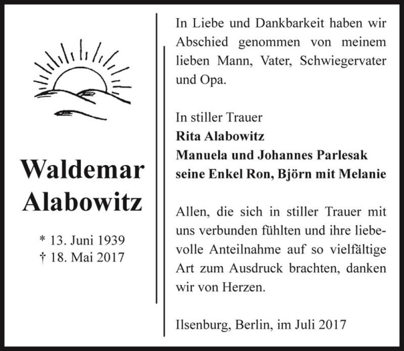  Traueranzeige für Waldemar Alabowitz  vom 13.07.2017 aus Magdeburger Volksstimme