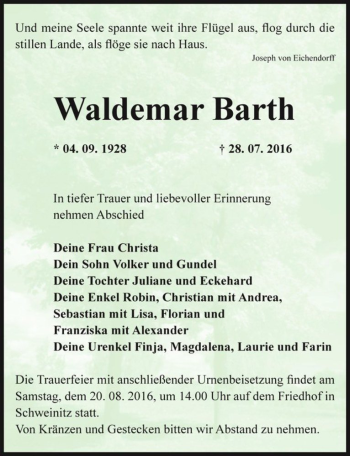 Traueranzeige von Waldemar Barth  von Magdeburger Volksstimme