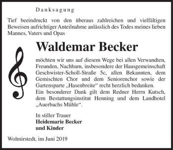 Traueranzeige von Waldemar Becker  von Magdeburger Volksstimme
