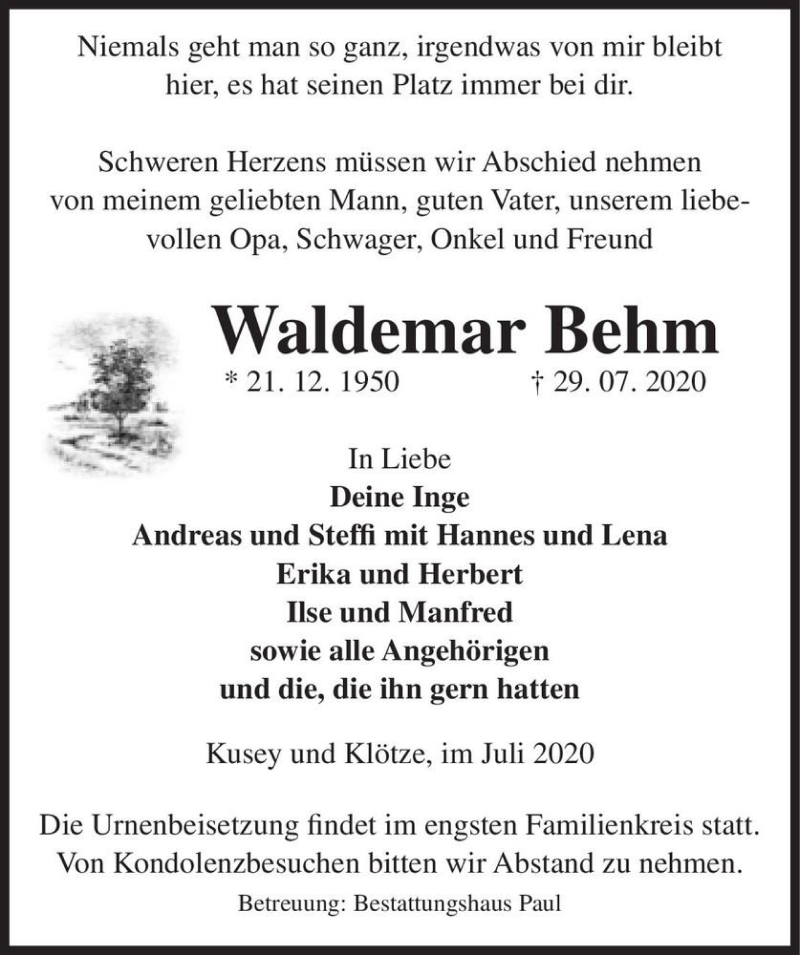  Traueranzeige für Waldemar Behm  vom 01.08.2020 aus Magdeburger Volksstimme