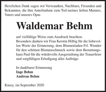 Traueranzeige von Waldemar Behm  von Magdeburger Volksstimme