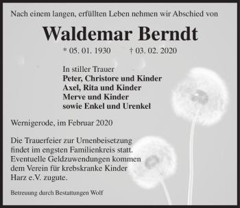 Traueranzeige von Waldemar Berndt  von Magdeburger Volksstimme