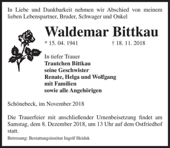 Traueranzeige von Waldemar Bittkau  von Magdeburger Volksstimme