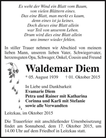 Traueranzeige von Waldemar Diem  von Magdeburger Volksstimme