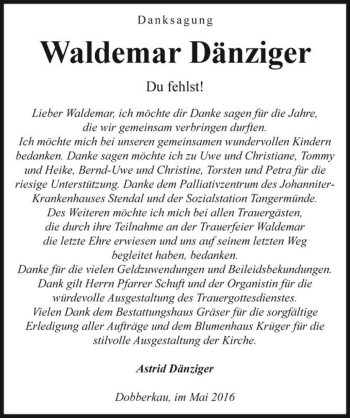 Traueranzeige von Waldemar Dänziger  von Magdeburger Volksstimme